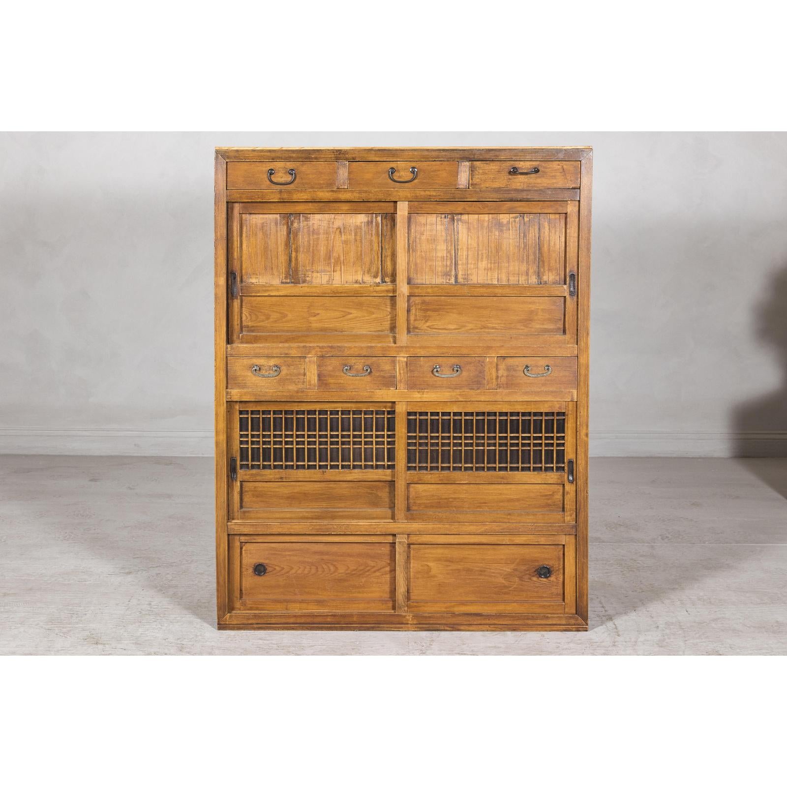Taishō Period Mizuya Tansu Kitchen Chest in Sugi Wood with Sliding Door