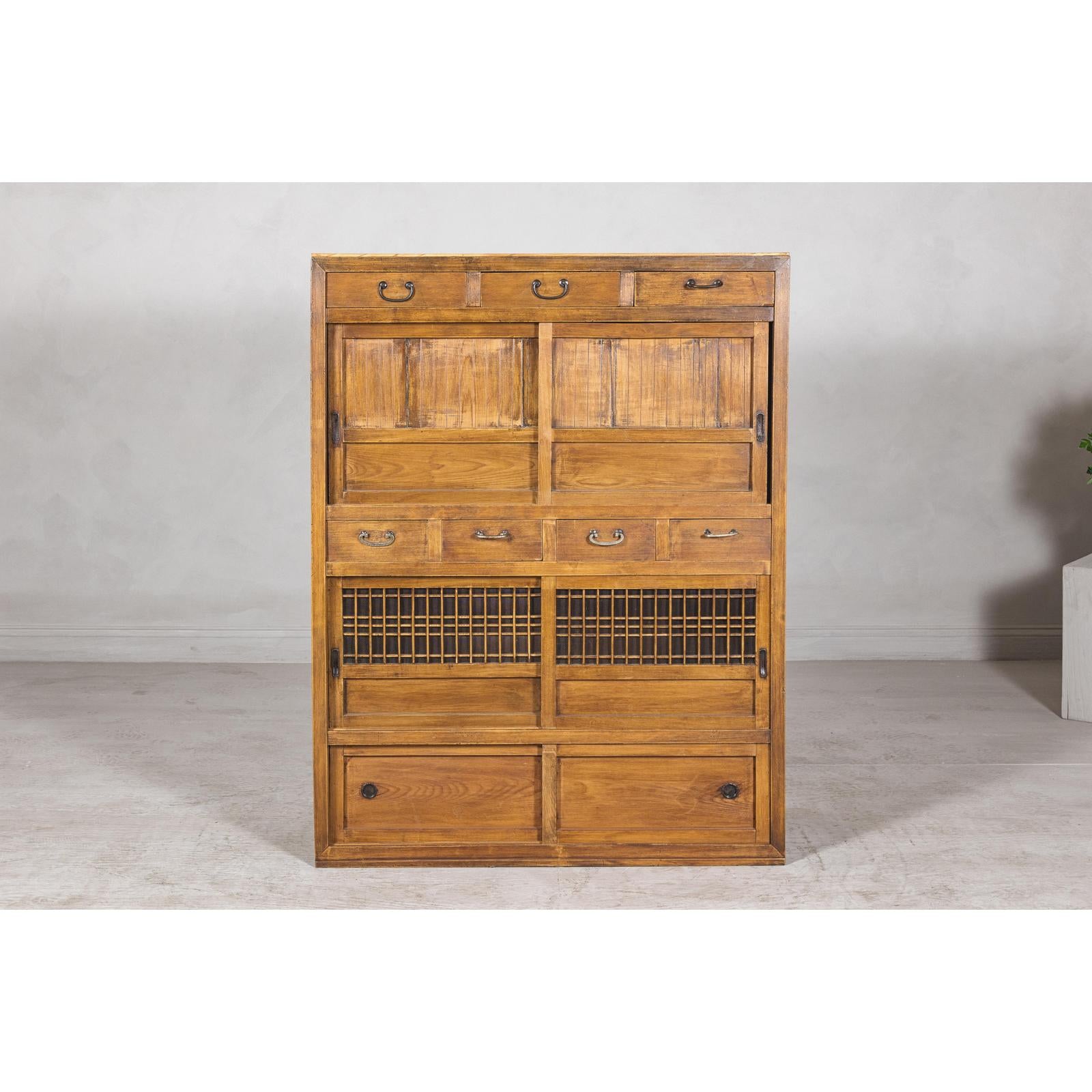 Taishō Period Mizuya Tansu Kitchen Chest in Sugi Wood with Sliding Door