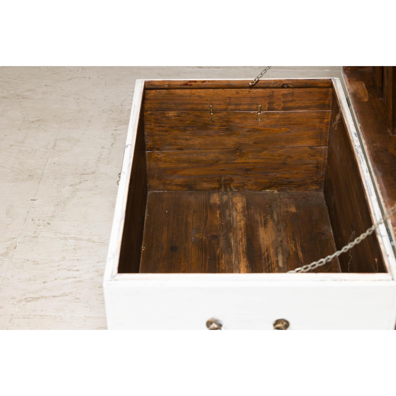 White Lacquered Trunk with Brass Hardware, Vintage Storage Chest