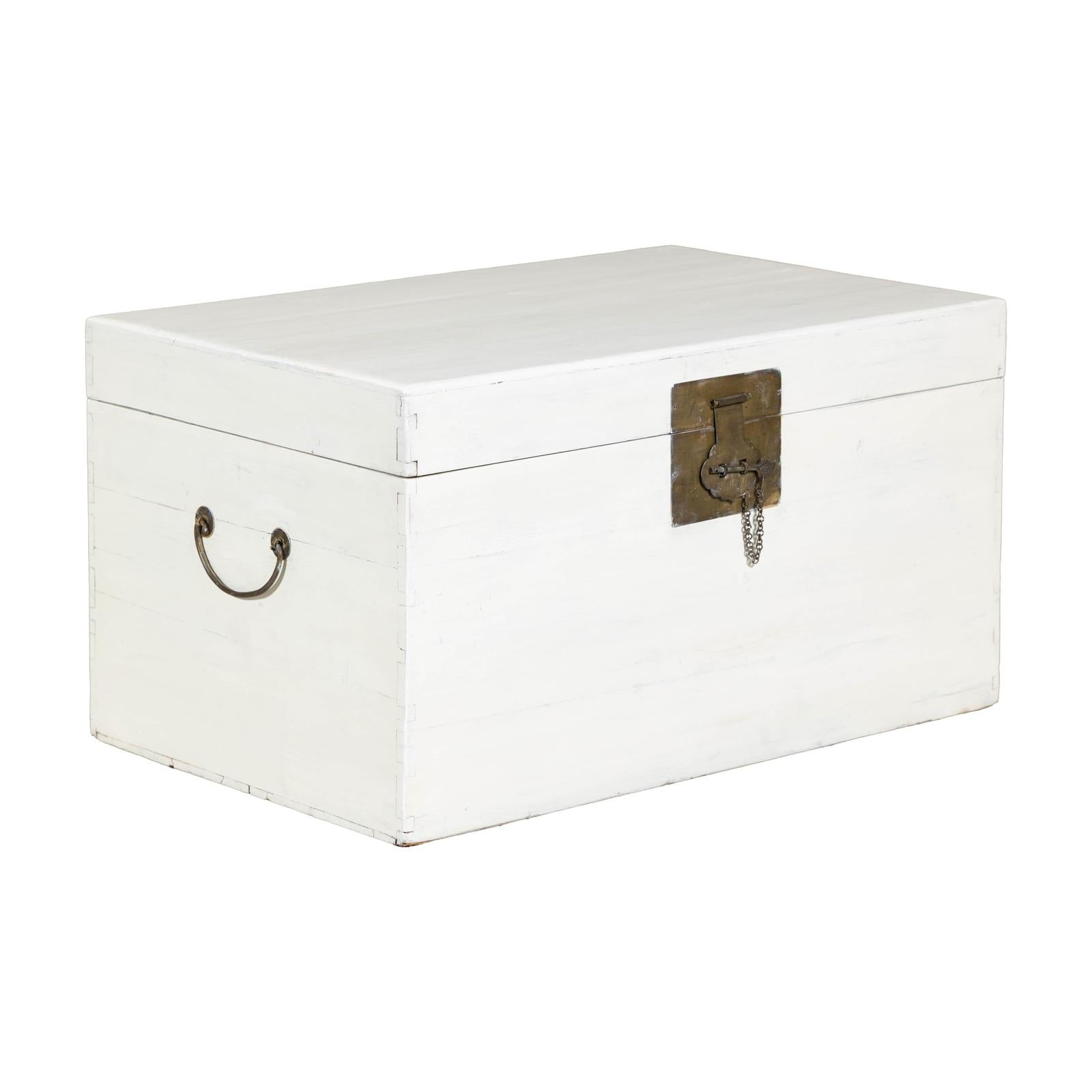 White Lacquered Trunk with Brass Hardware, Vintage Storage Chest