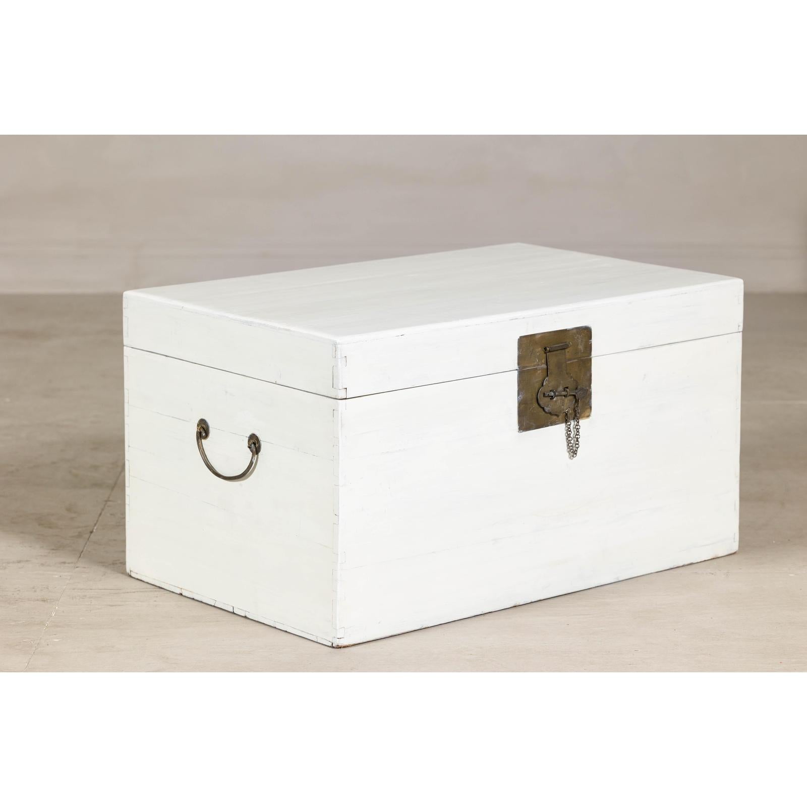 White Lacquered Trunk with Brass Hardware, Vintage Storage Chest
