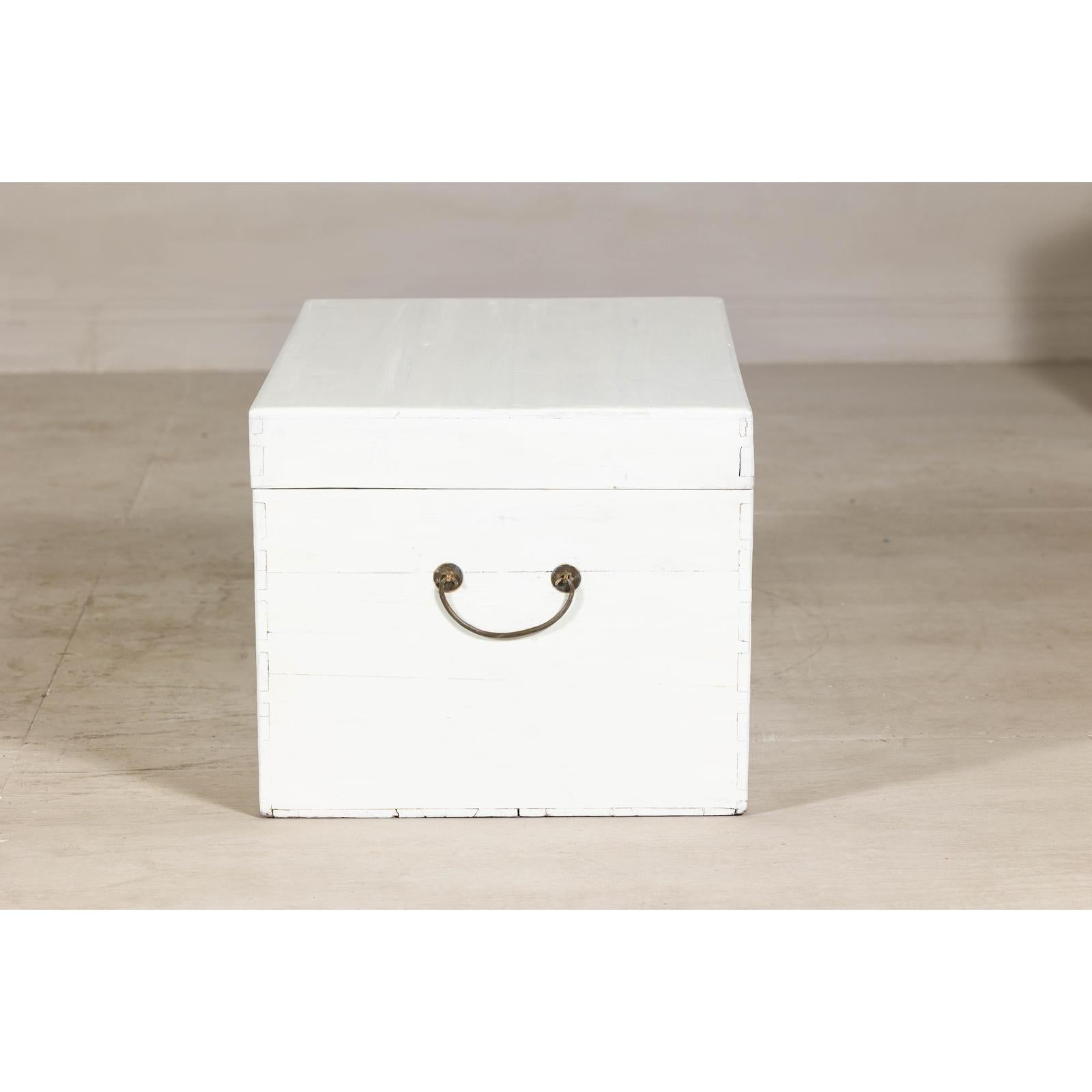 White Lacquered Trunk with Brass Hardware, Vintage Storage Chest