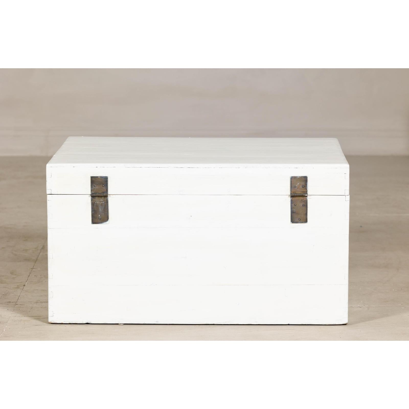 White Lacquered Trunk with Brass Hardware, Vintage Storage Chest