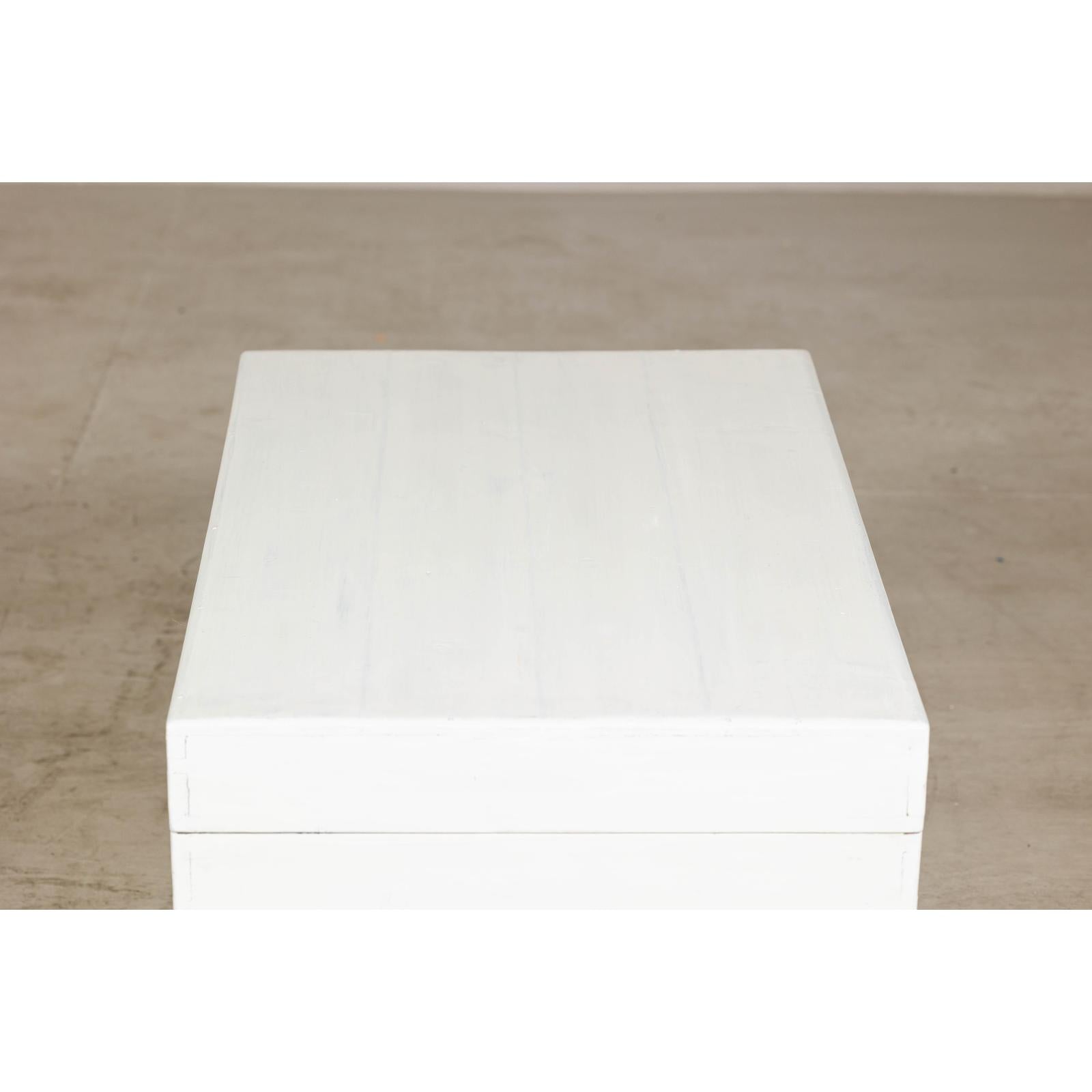 White Lacquered Trunk with Brass Hardware, Vintage Storage Chest