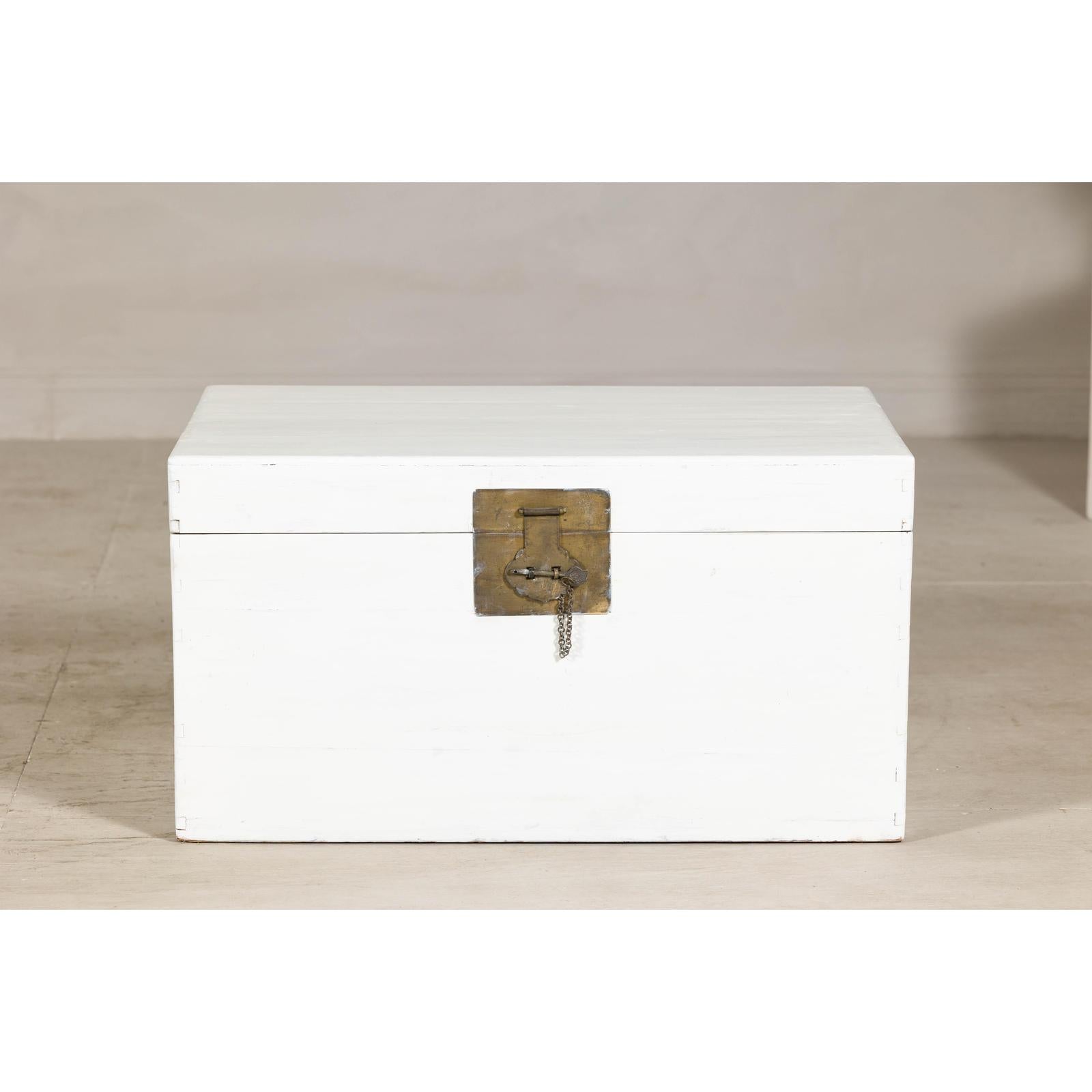White Lacquered Trunk with Brass Hardware, Vintage Storage Chest