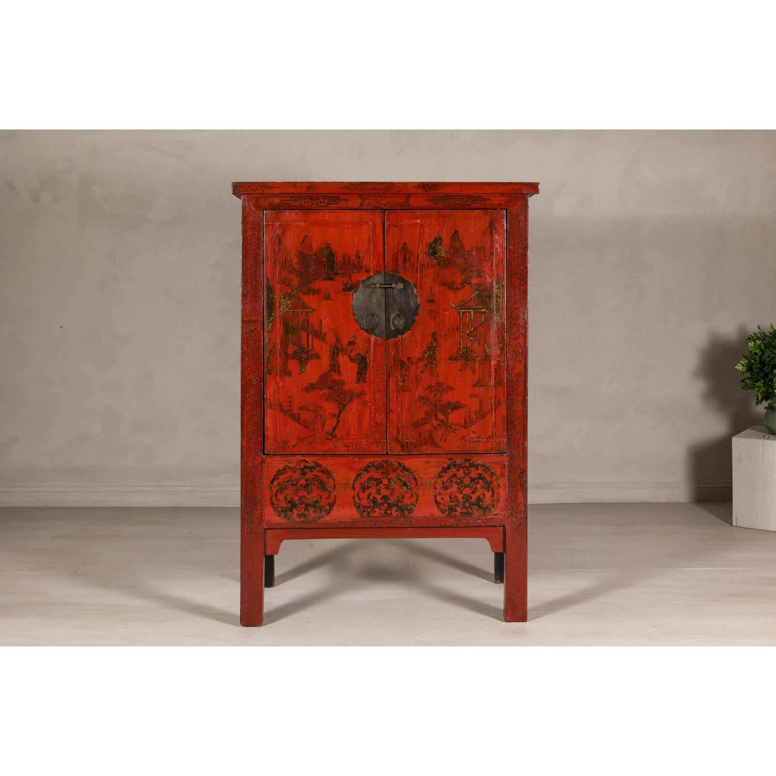 19th Century Qing Dynasty Red Lacquer Cabinet with Original Hand-Painted Scenes