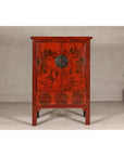 19th Century Qing Dynasty Red Lacquer Cabinet with Original Hand-Painted Scenes
