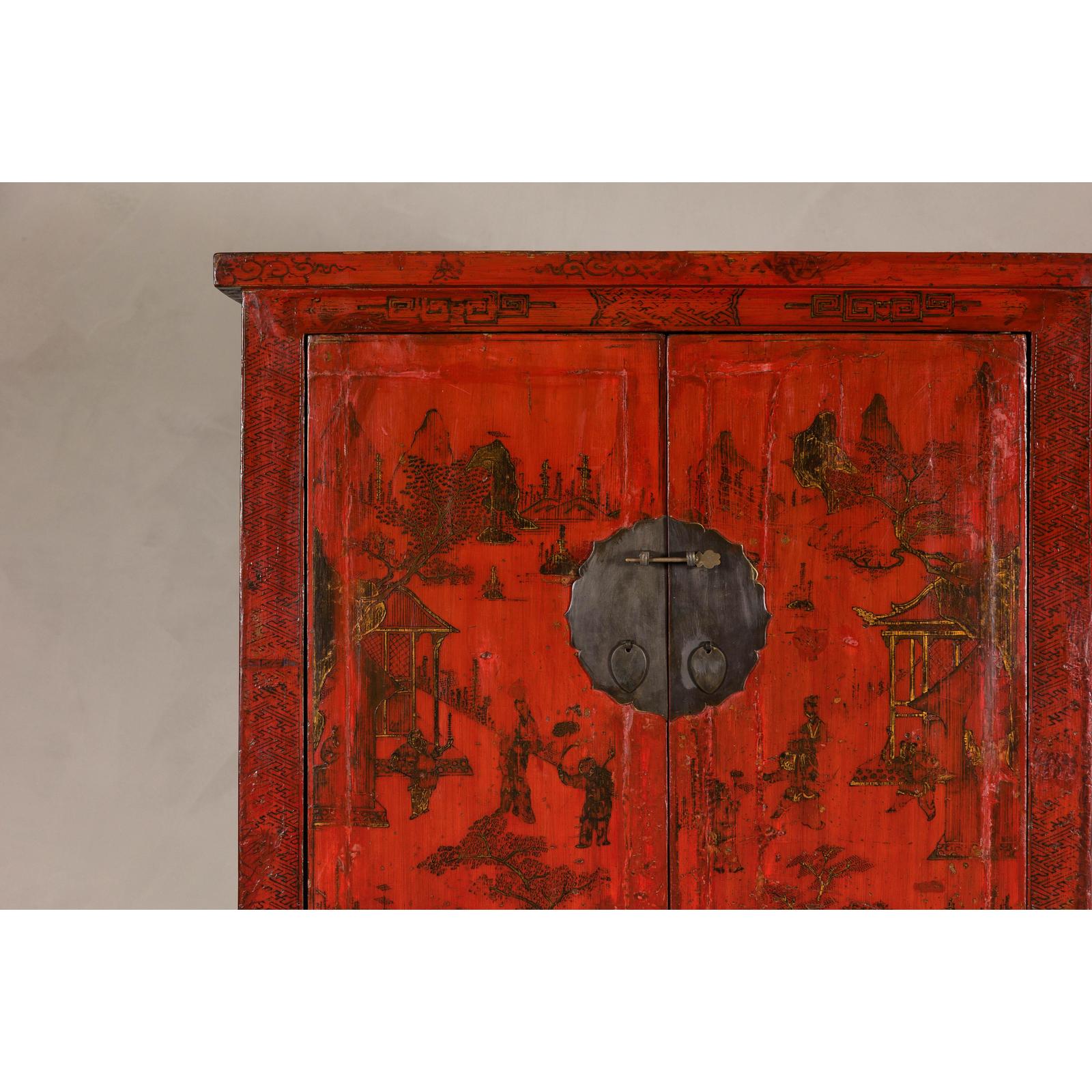 19th Century Qing Dynasty Red Lacquer Cabinet with Original Hand-Painted Scenes