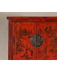 19th Century Qing Dynasty Red Lacquer Cabinet with Original Hand-Painted Scenes