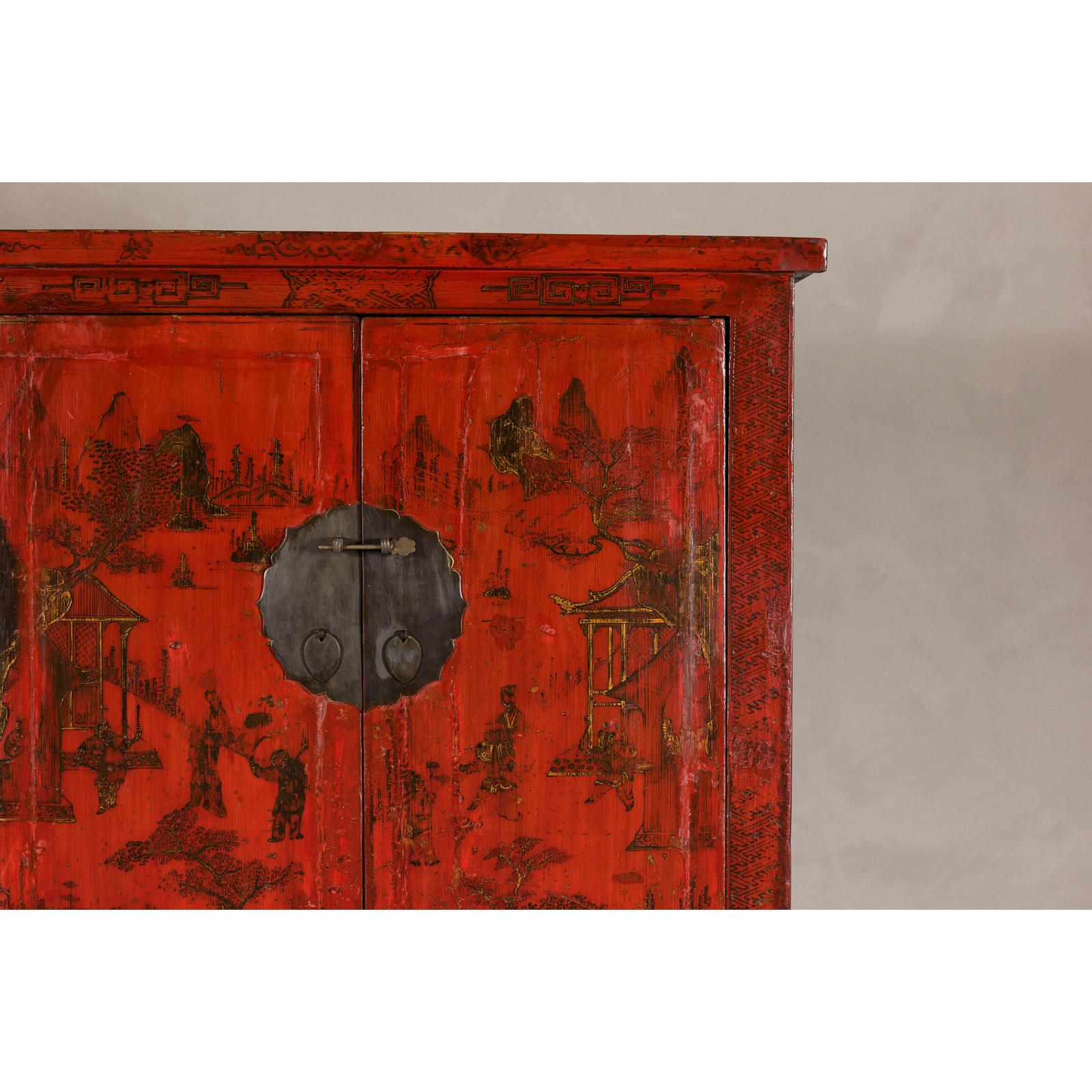 19th Century Qing Dynasty Red Lacquer Cabinet with Original Hand-Painted Scenes