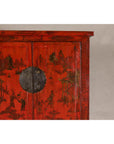 19th Century Qing Dynasty Red Lacquer Cabinet with Original Hand-Painted Scenes