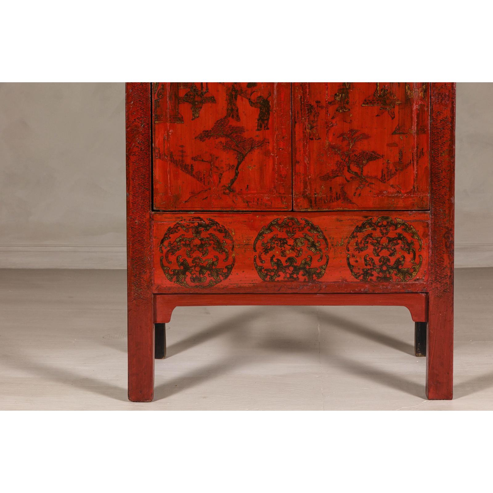 19th Century Qing Dynasty Red Lacquer Cabinet with Original Hand-Painted Scenes