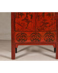 19th Century Qing Dynasty Red Lacquer Cabinet with Original Hand-Painted Scenes