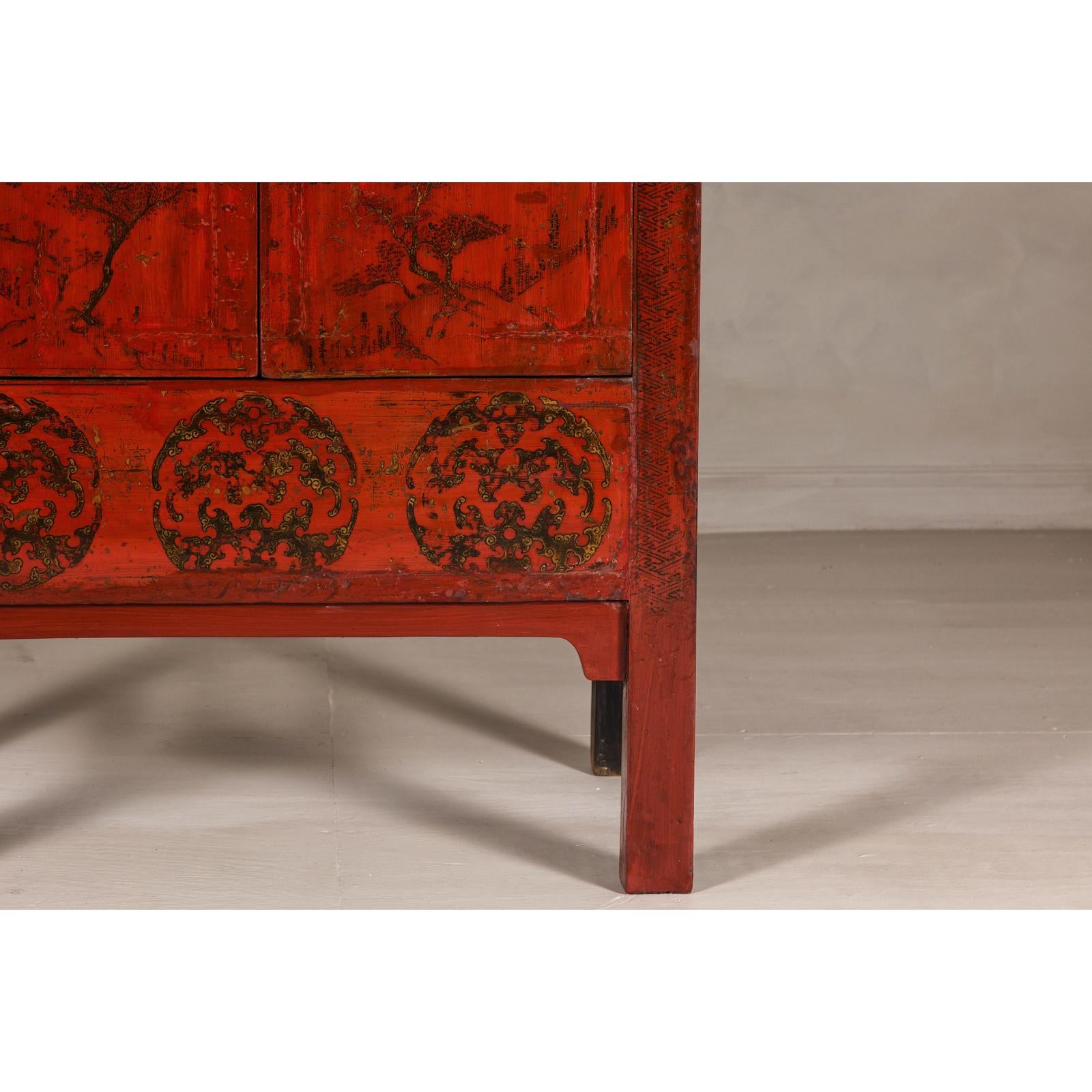 19th Century Qing Dynasty Red Lacquer Cabinet with Original Hand-Painted Scenes