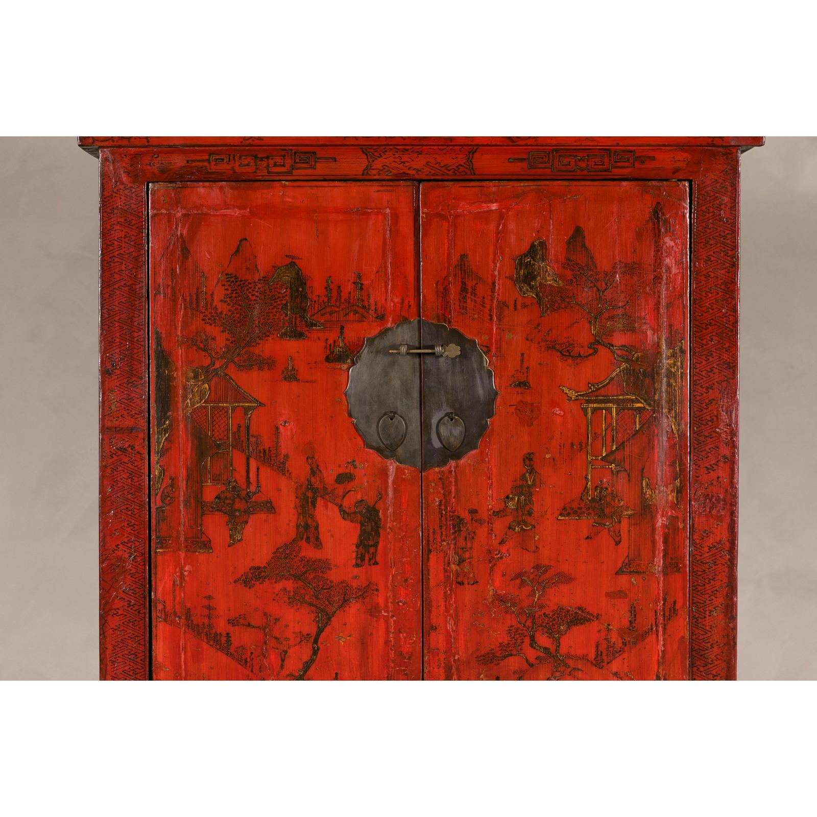 19th Century Qing Dynasty Red Lacquer Cabinet with Original Hand-Painted Scenes