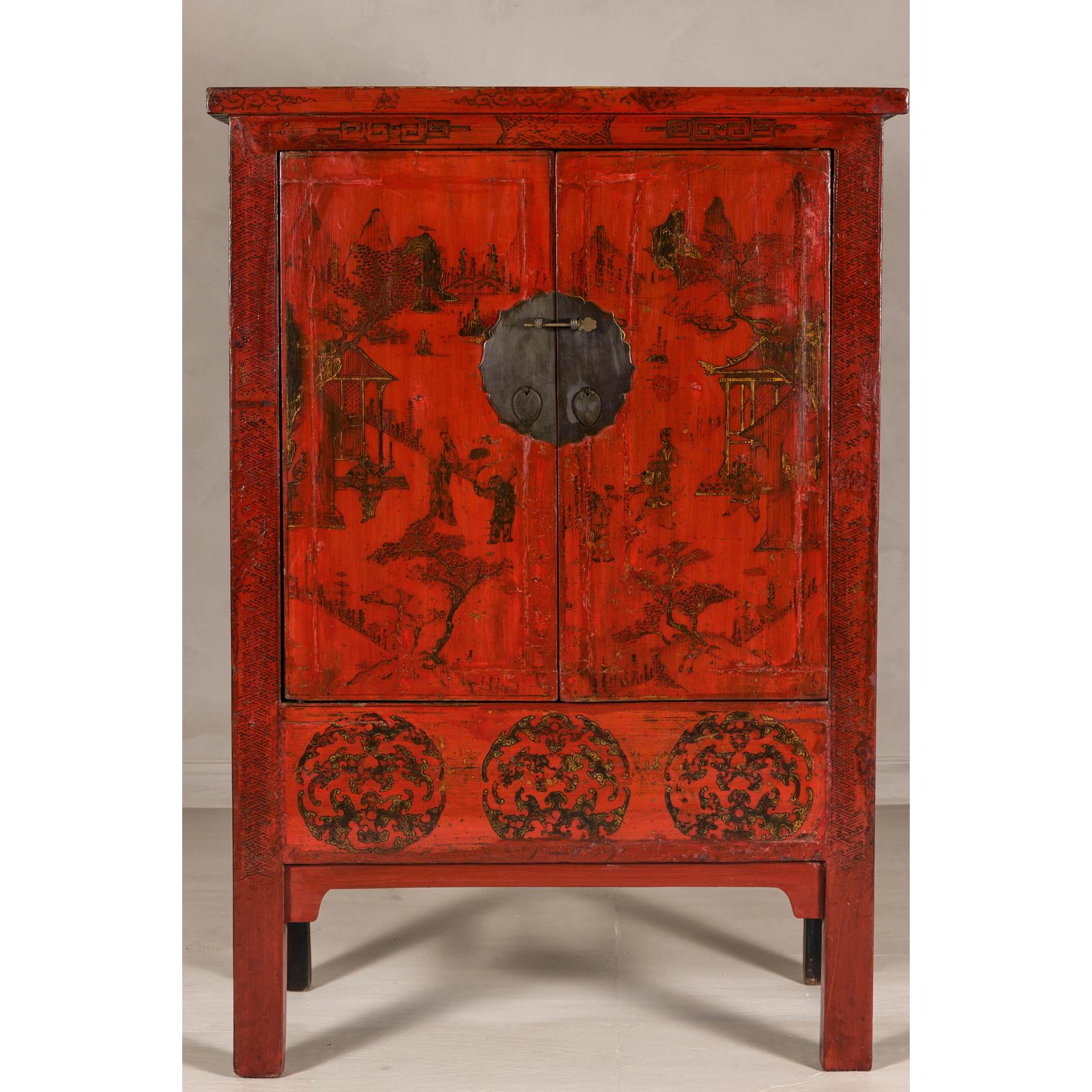 19th Century Qing Dynasty Red Lacquer Cabinet with Original Hand-Painted Scenes
