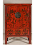 19th Century Qing Dynasty Red Lacquer Cabinet with Original Hand-Painted Scenes