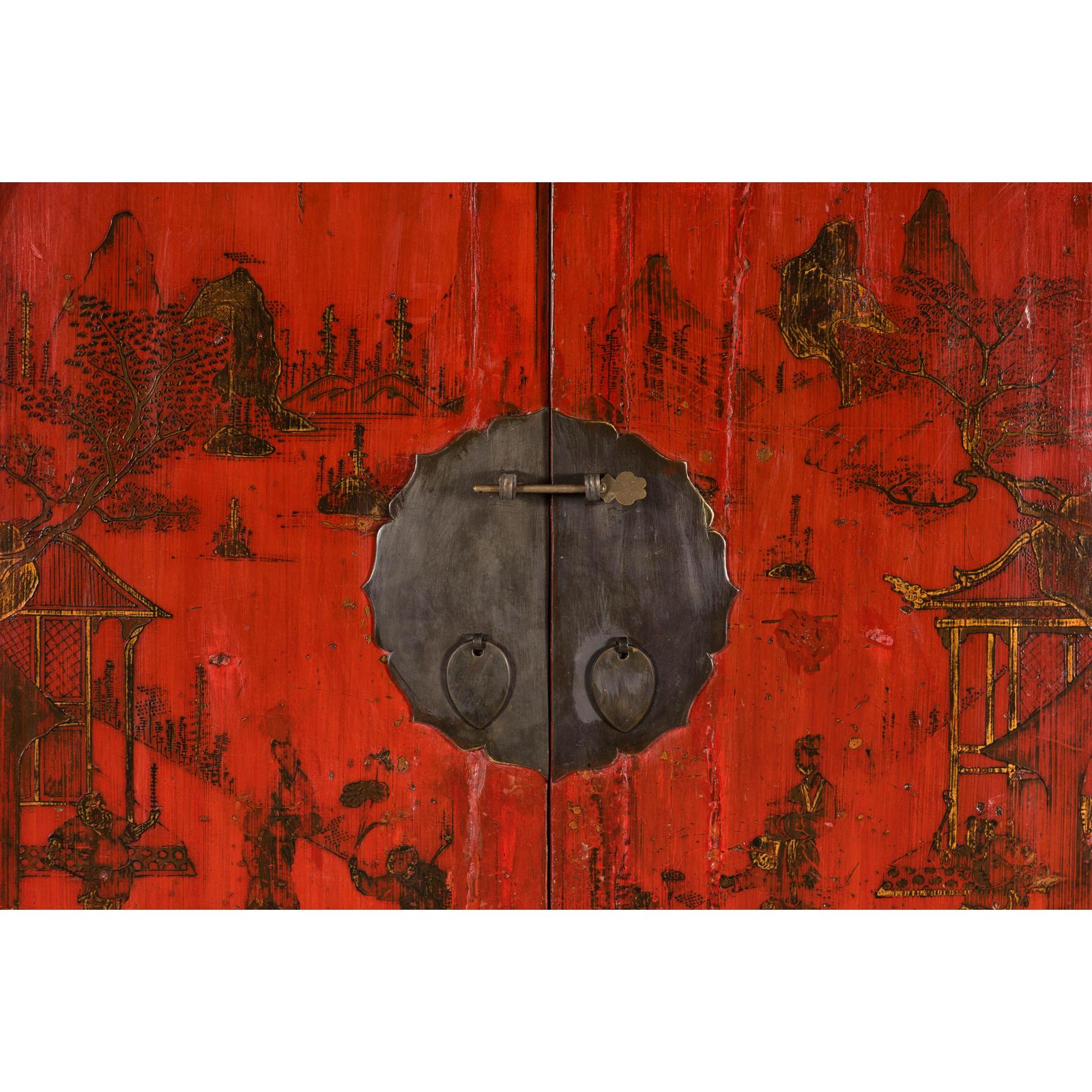 19th Century Qing Dynasty Red Lacquer Cabinet with Original Hand-Painted Scenes