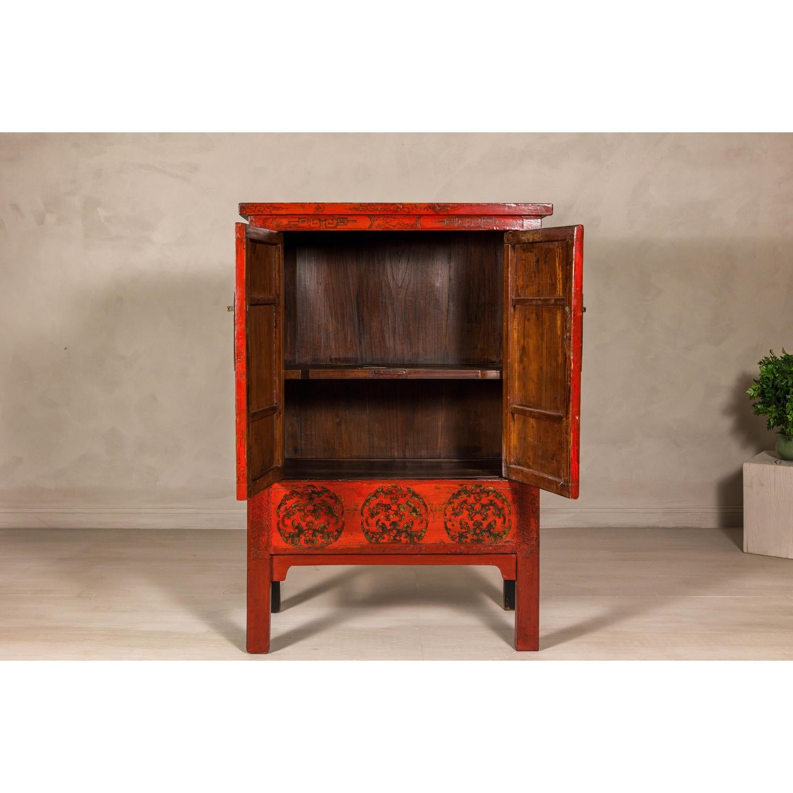 19th Century Qing Dynasty Red Lacquer Cabinet with Original Hand-Painted Scenes