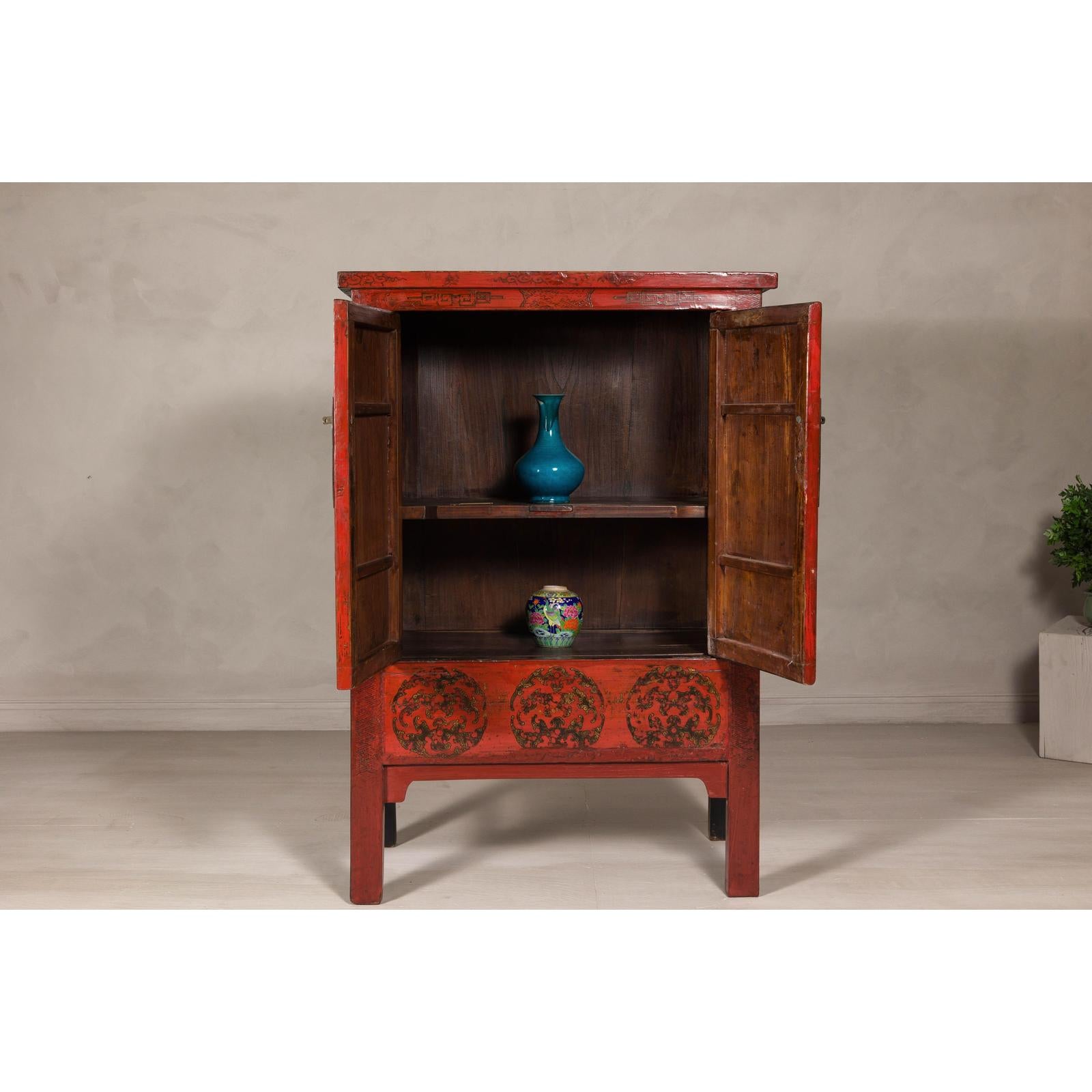 19th Century Qing Dynasty Red Lacquer Cabinet with Original Hand-Painted Scenes