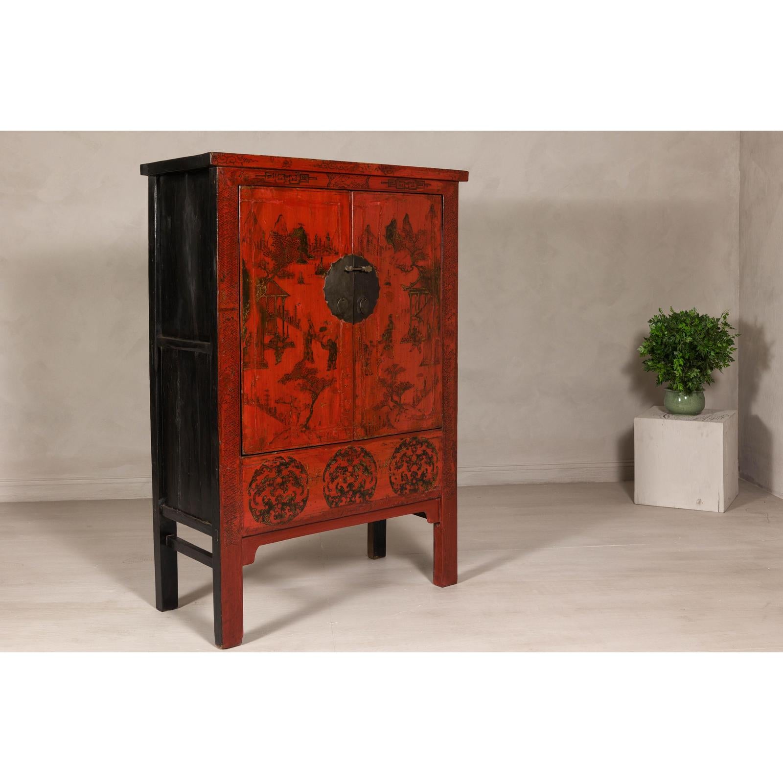 19th Century Qing Dynasty Red Lacquer Cabinet with Original Hand-Painted Scenes