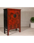19th Century Qing Dynasty Red Lacquer Cabinet with Original Hand-Painted Scenes