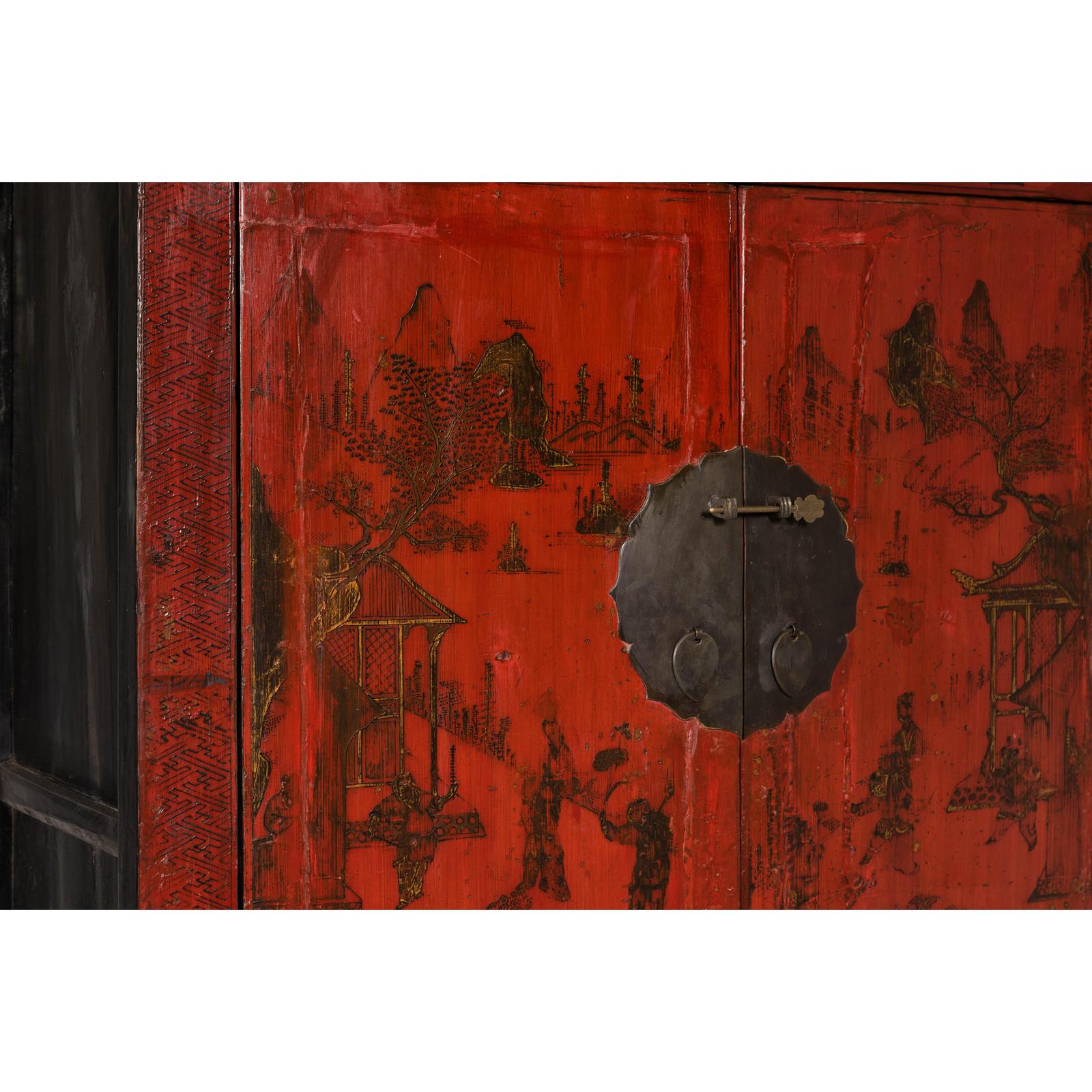 19th Century Qing Dynasty Red Lacquer Cabinet with Original Hand-Painted Scenes