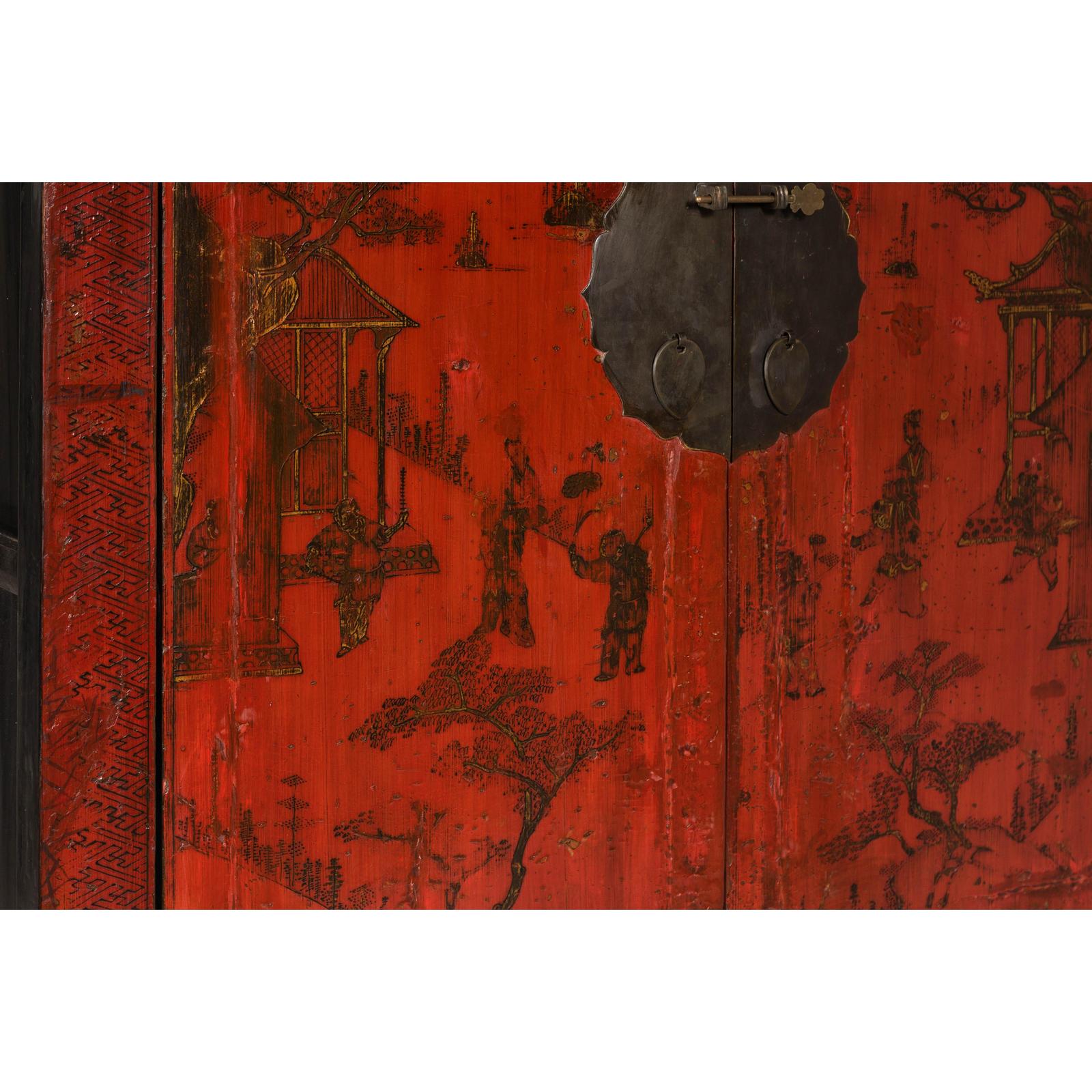 19th Century Qing Dynasty Red Lacquer Cabinet with Original Hand-Painted Scenes