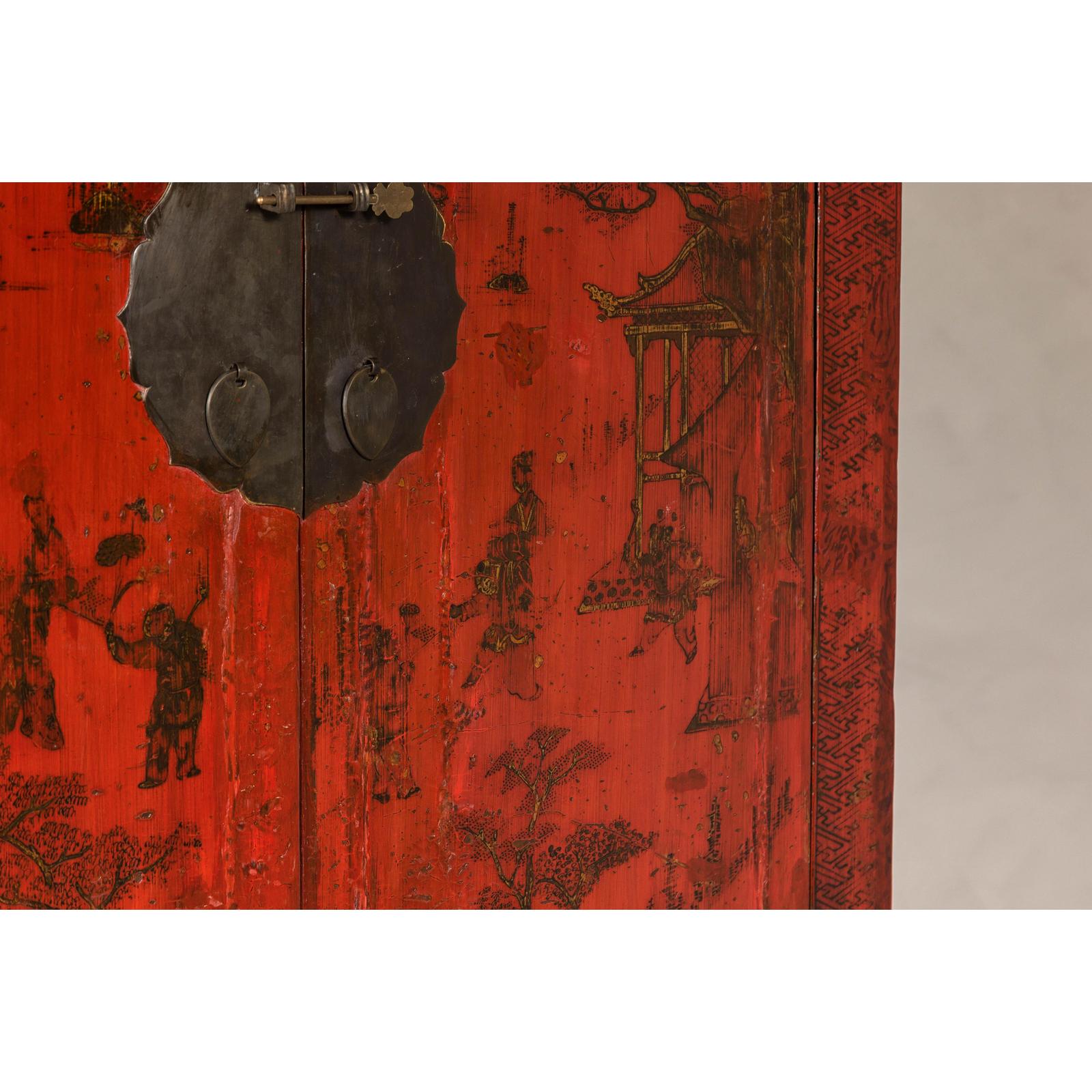 19th Century Qing Dynasty Red Lacquer Cabinet with Original Hand-Painted Scenes