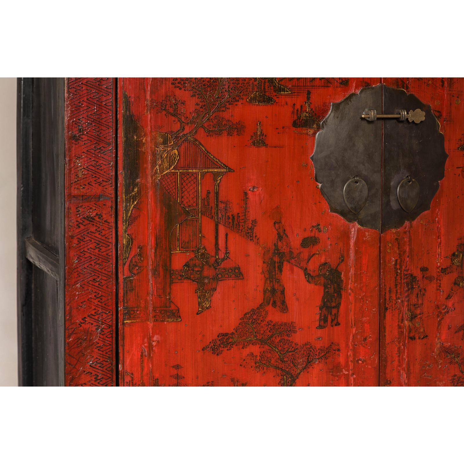 19th Century Qing Dynasty Red Lacquer Cabinet with Original Hand-Painted Scenes