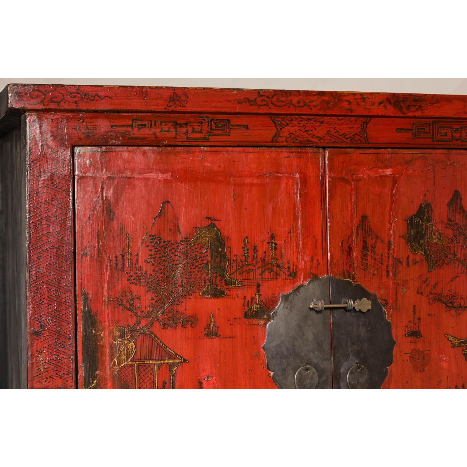 19th Century Qing Dynasty Red Lacquer Cabinet with Original Hand-Painted Scenes