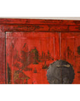 19th Century Qing Dynasty Red Lacquer Cabinet with Original Hand-Painted Scenes