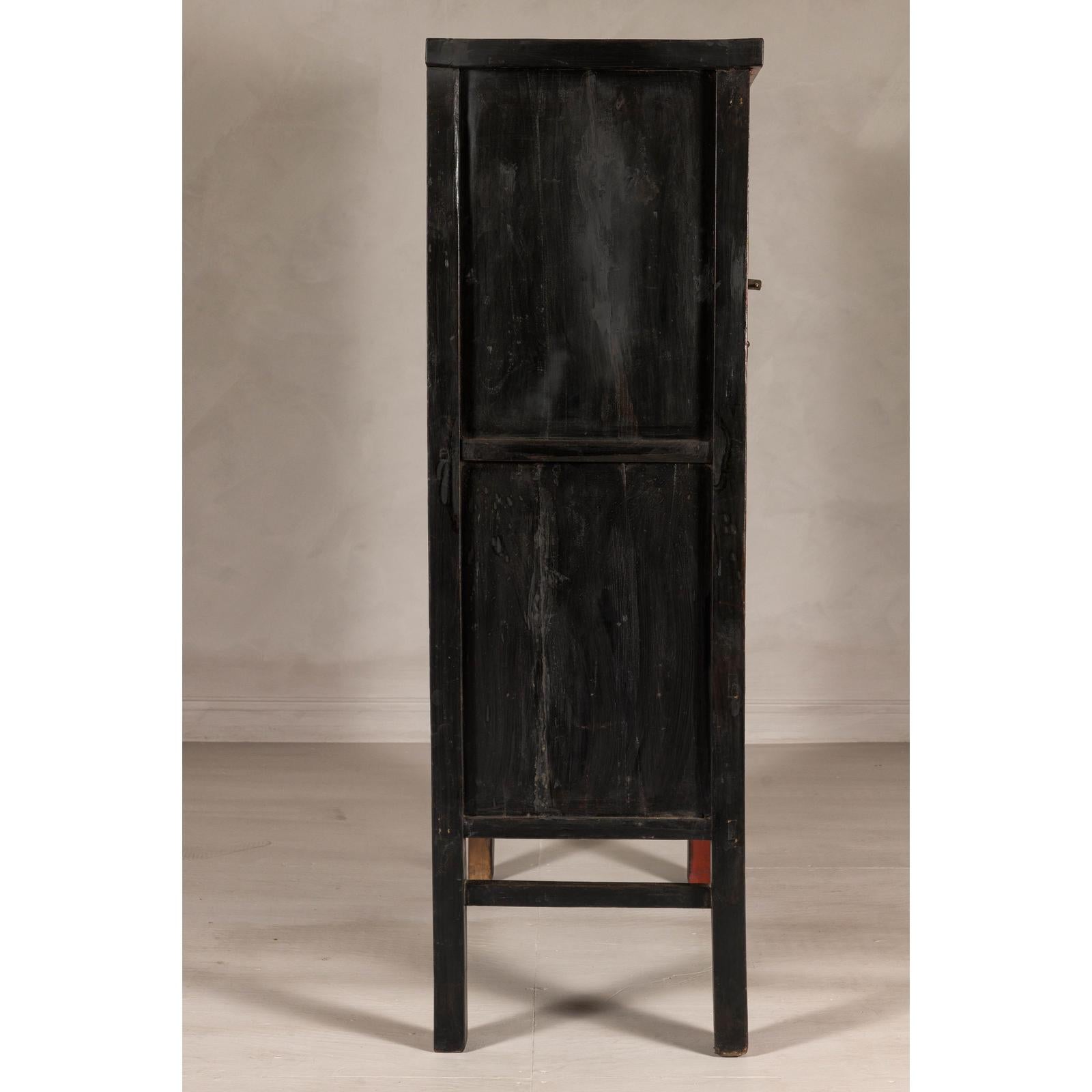 19th Century Qing Dynasty Red Lacquer Cabinet with Original Hand-Painted Scenes