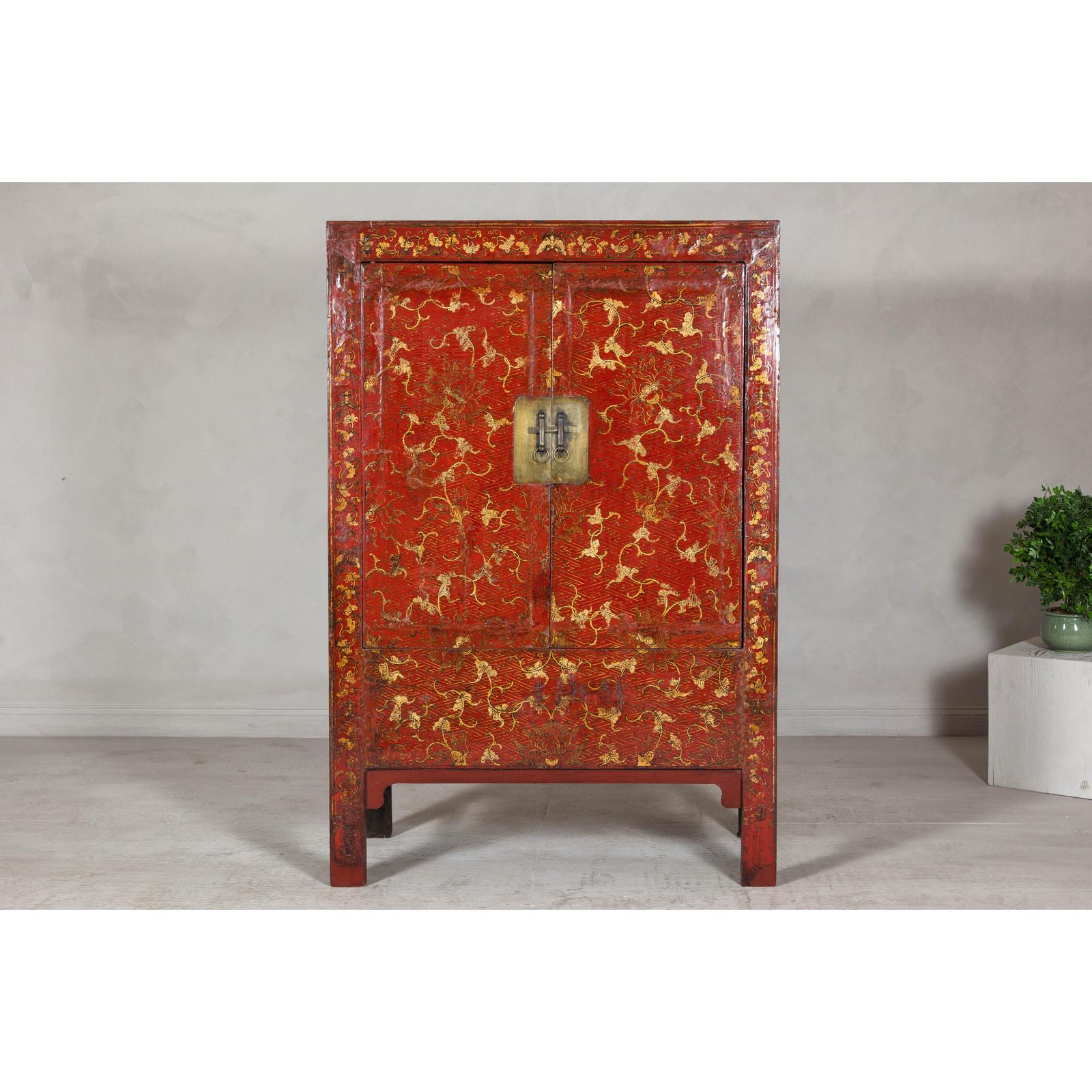 Antique Qing Dynasty Red Lacquer Cabinet with Gilt Decoration, 19th Century