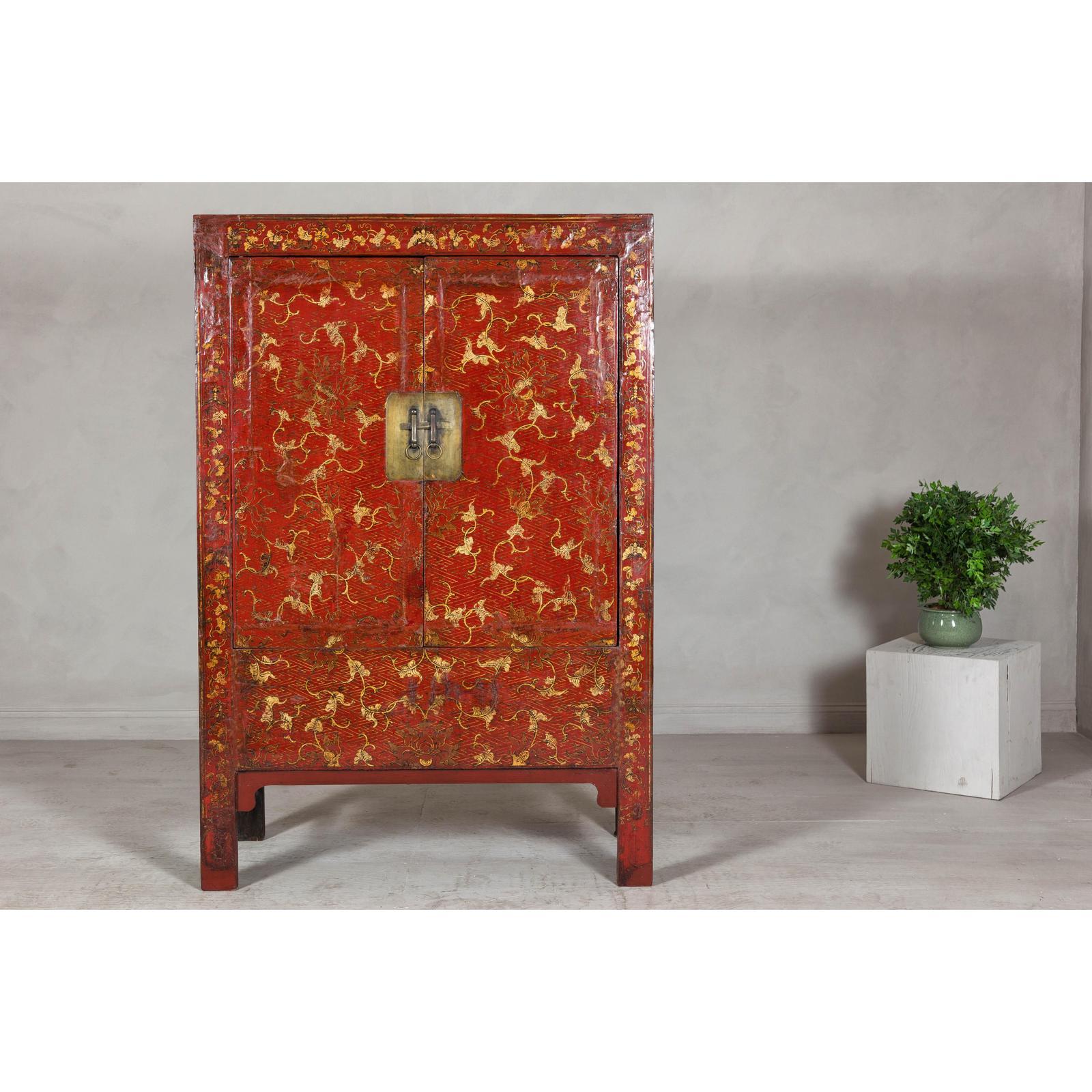Antique Qing Dynasty Red Lacquer Cabinet with Gilt Decoration, 19th Century