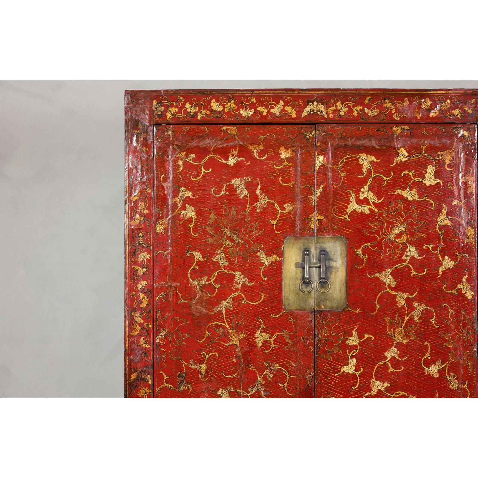 Antique Qing Dynasty Red Lacquer Cabinet with Gilt Decoration, 19th Century