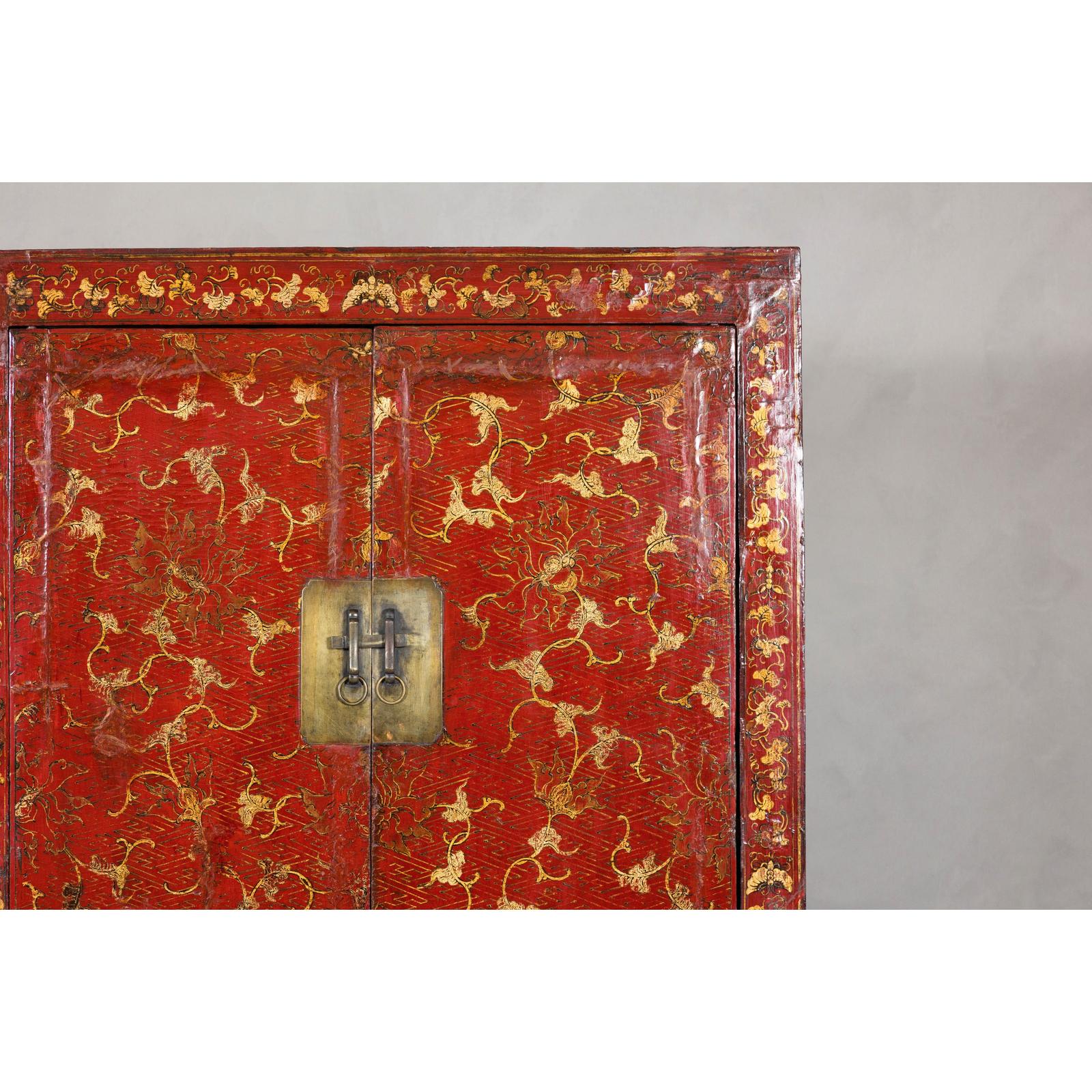 Antique Qing Dynasty Red Lacquer Cabinet with Gilt Decoration, 19th Century