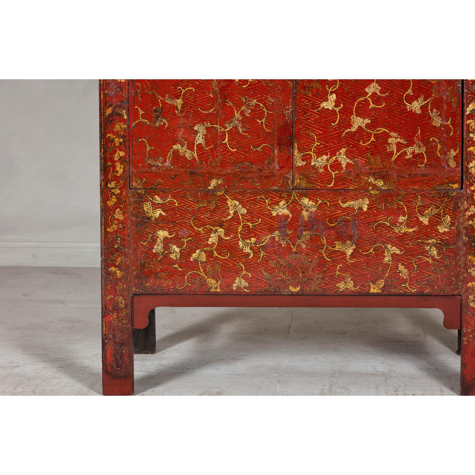 Antique Qing Dynasty Red Lacquer Cabinet with Gilt Decoration, 19th Century