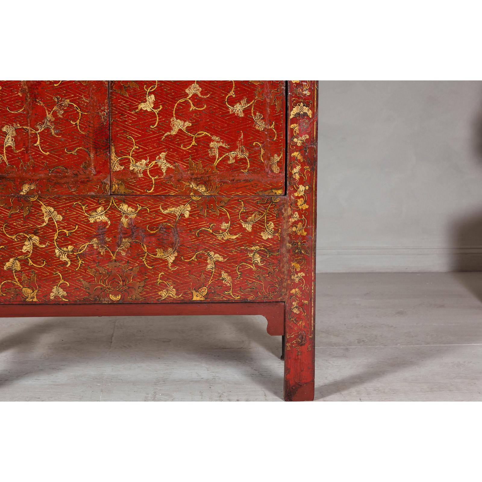 Antique Qing Dynasty Red Lacquer Cabinet with Gilt Decoration, 19th Century