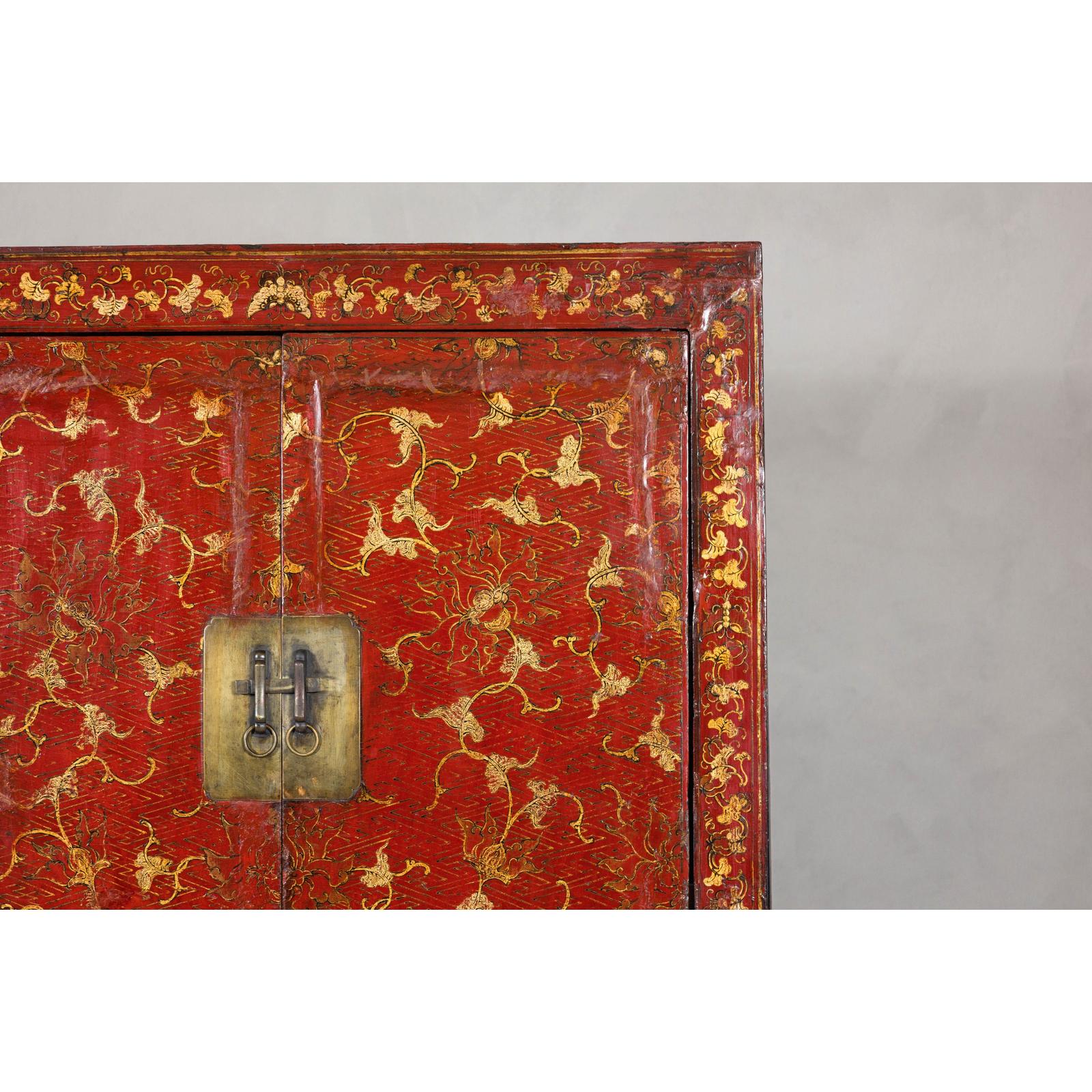 Antique Qing Dynasty Red Lacquer Cabinet with Gilt Decoration, 19th Century