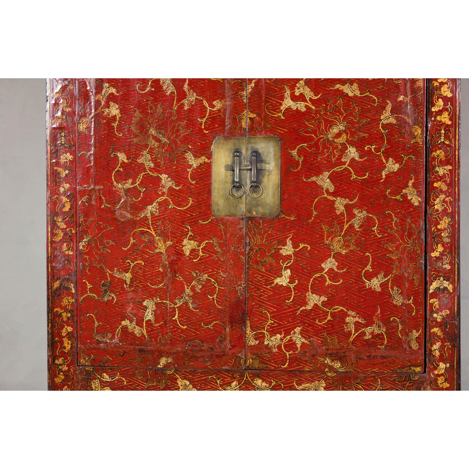 Antique Qing Dynasty Red Lacquer Cabinet with Gilt Decoration, 19th Century