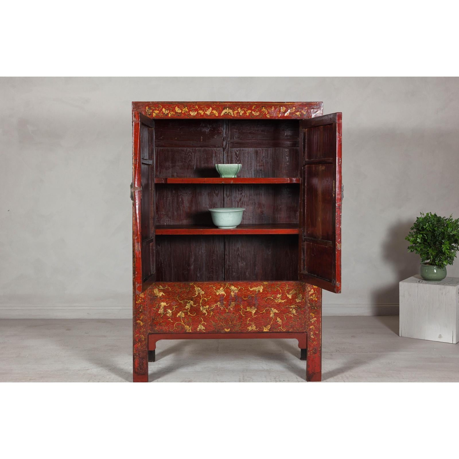 Antique Qing Dynasty Red Lacquer Cabinet with Gilt Decoration, 19th Century