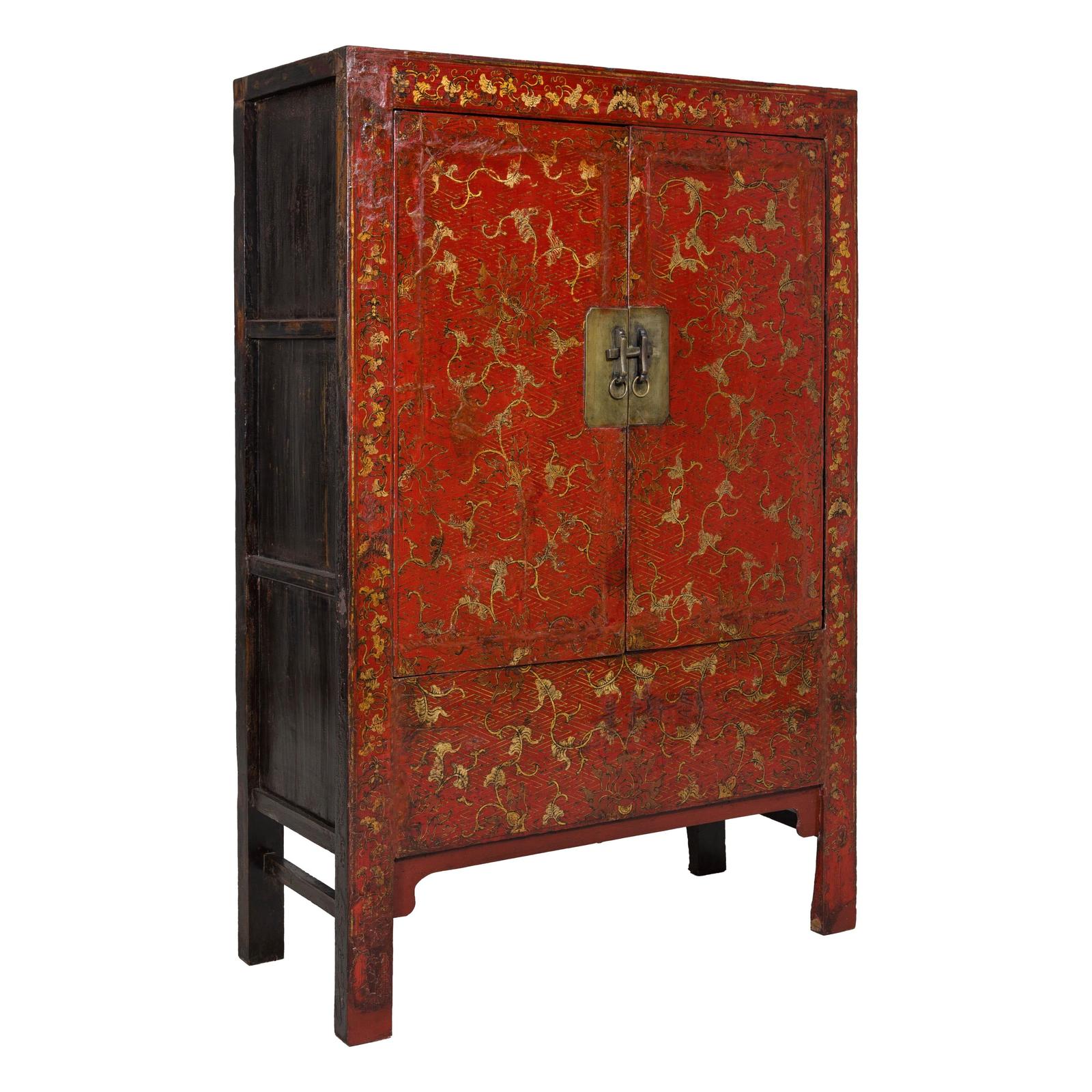 Antique Qing Dynasty Red Lacquer Cabinet with Gilt Decoration, 19th Century