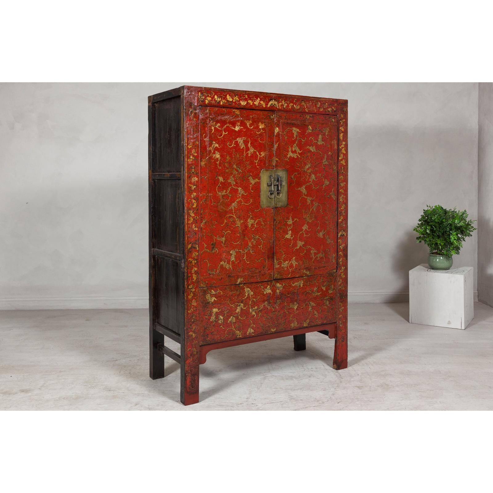 Antique Qing Dynasty Red Lacquer Cabinet with Gilt Decoration, 19th Century