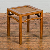 Antique Small Square Side Table with Rattan Insert and Humpback Stretcher