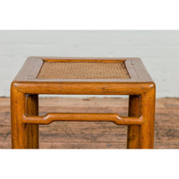 Antique Small Square Side Table with Rattan Insert and Humpback Stretcher