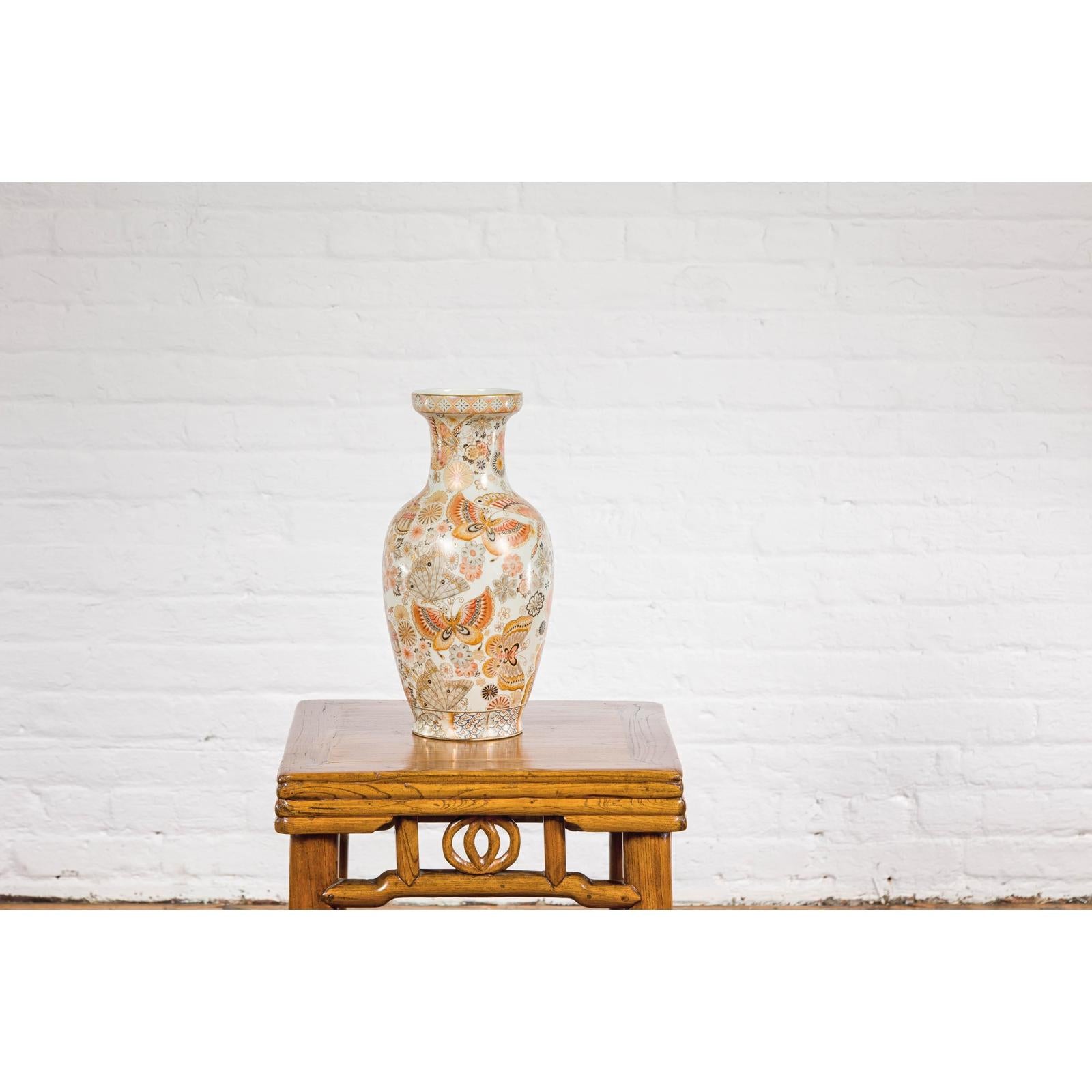 Vintage Japanese Kutani Style Vase with Flowers and Butterflies, Orange and Gold