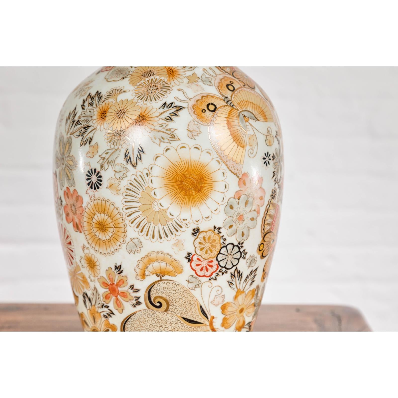 Vintage Japanese Kutani Style Vase with Flowers and Butterflies, Orange and Gold