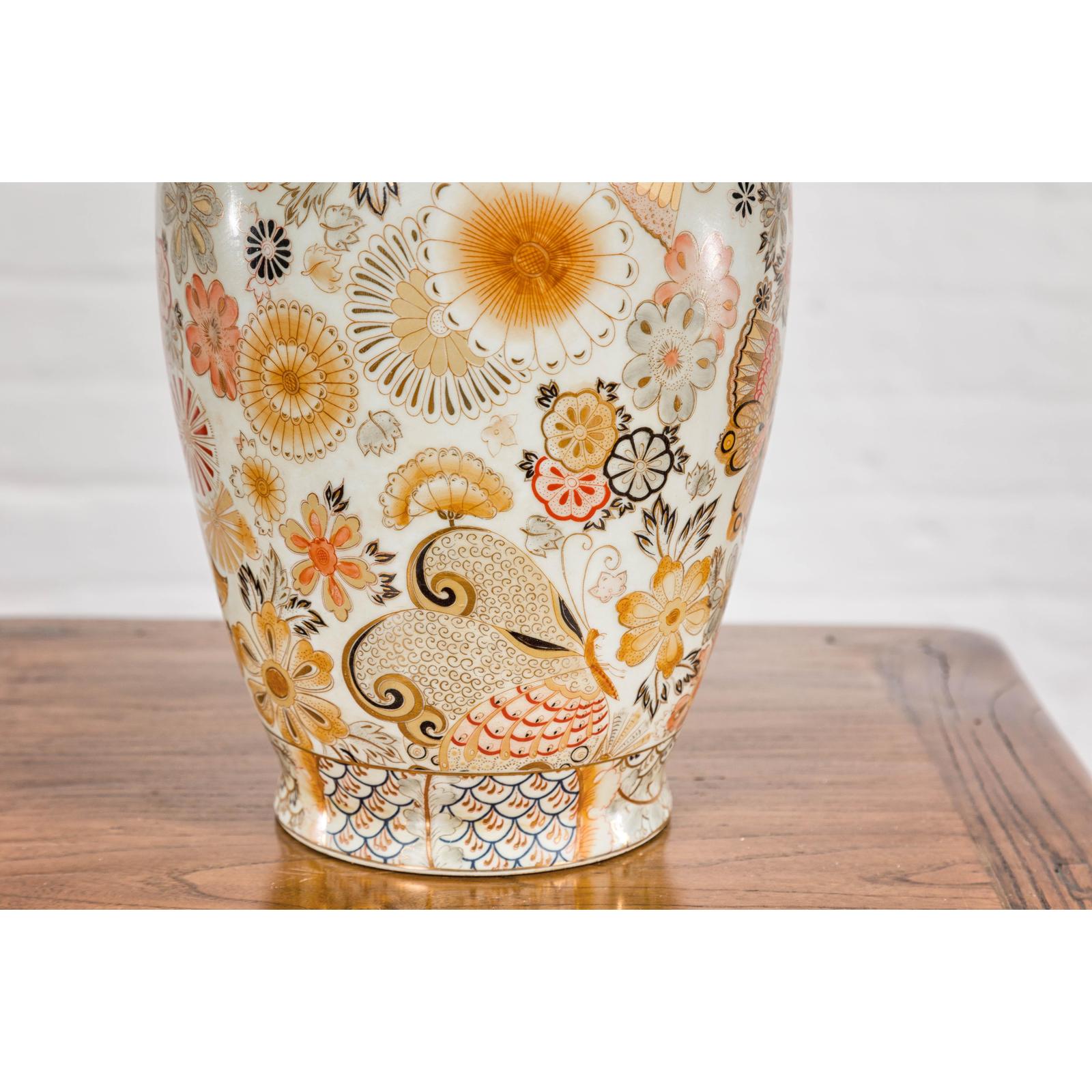Vintage Japanese Kutani Style Vase with Flowers and Butterflies, Orange and Gold