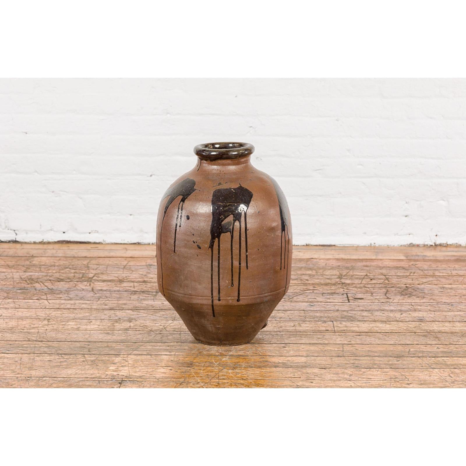 Taishō 1900s Tamba Tachikui Brown Jar with Drip Glaze